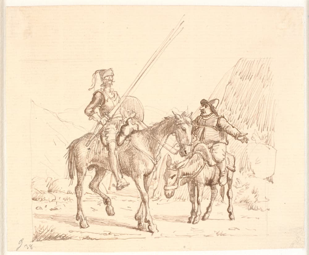 唐·吉诃德及桑·丘潘萨骑乘他们的马匹的古老铅笔画，由威廉·马斯特兰德所绘。