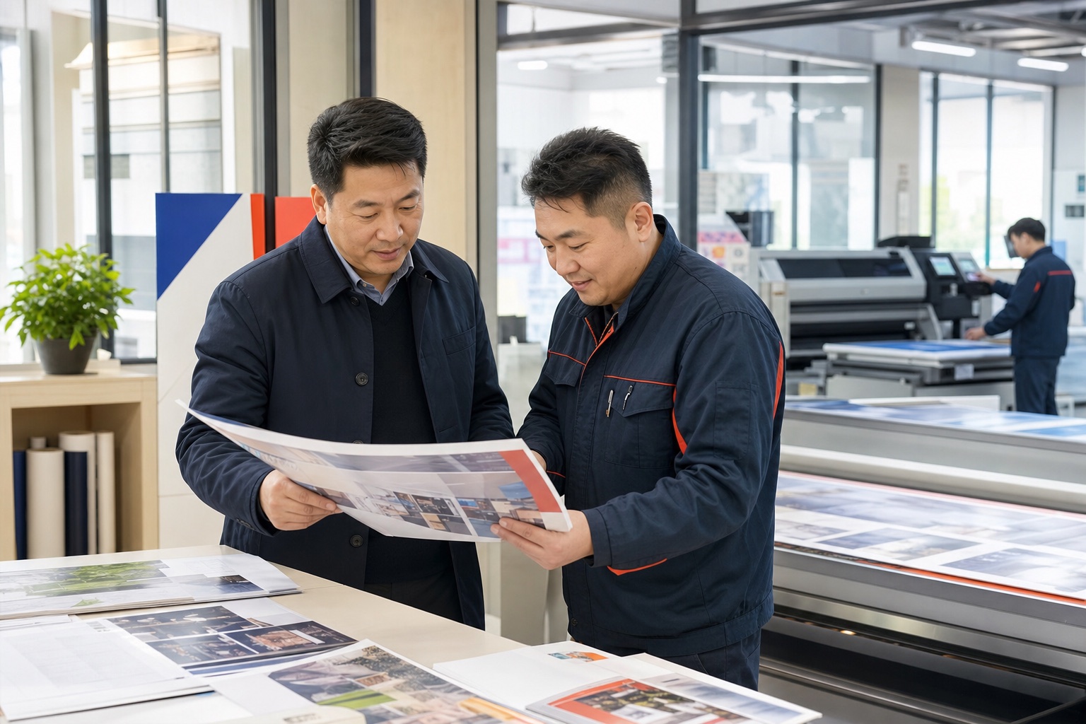 极速印门店负责人陪同客户核对印刷样品，背后由总部工厂提供生产支持